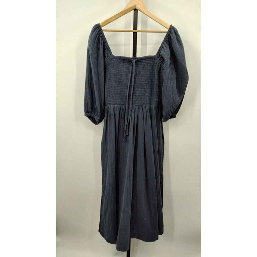 Quince 100% Organic Cotton Gauze Smocked Puff Sleeve Midi Dress in Indigo Blue